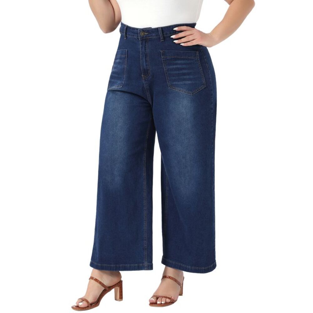Women Plus Size High Waisted Wide Leg Stretchy Denim Jeans Dark Blue